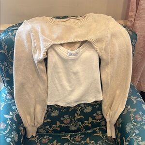 Zara Cream Cropped Sweater with White Ribbed Tank Top